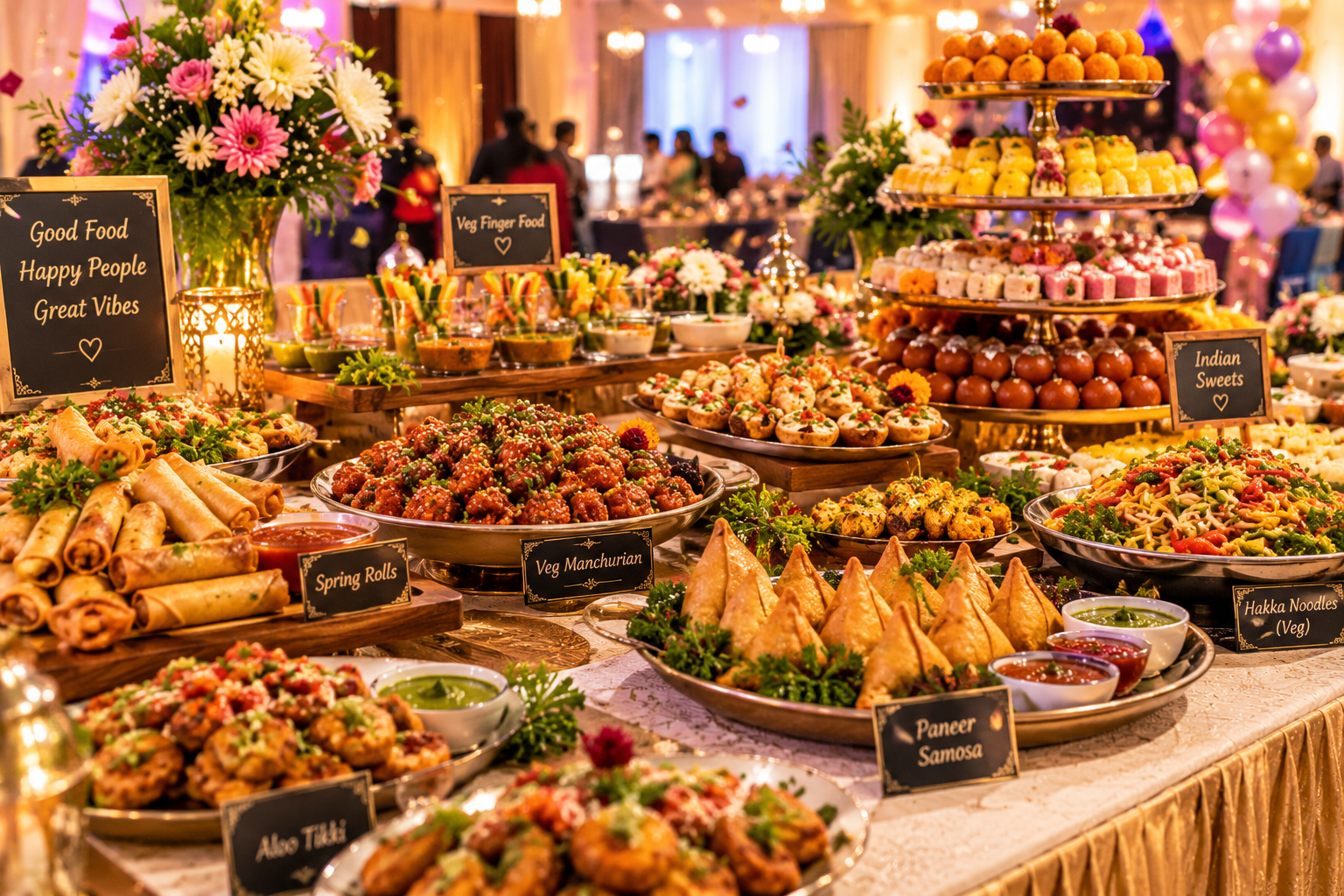 Indian starters and sweets arranged for a birthday celebration.